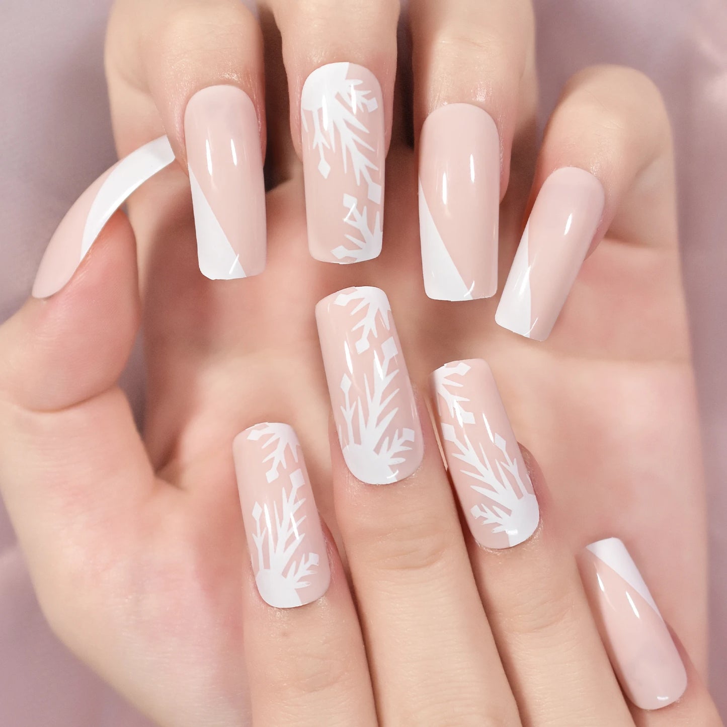 Pink White Snow Design Glossy Press on Nails Medium Long Square False Nails Salon Manicure Reusable Fake Nail Art Tips DIY