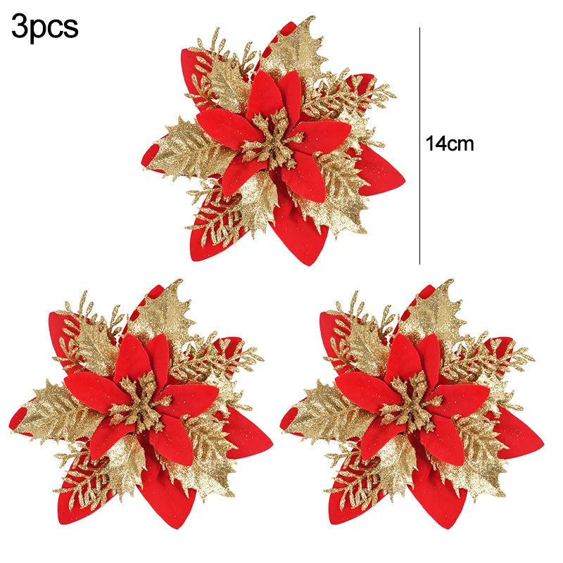 3pcs 14cm Christmas Flowers Glitter Red Gold Flower Head Xmas Tree Ornament Christmas Decorations for Home Navidad New Year Gift