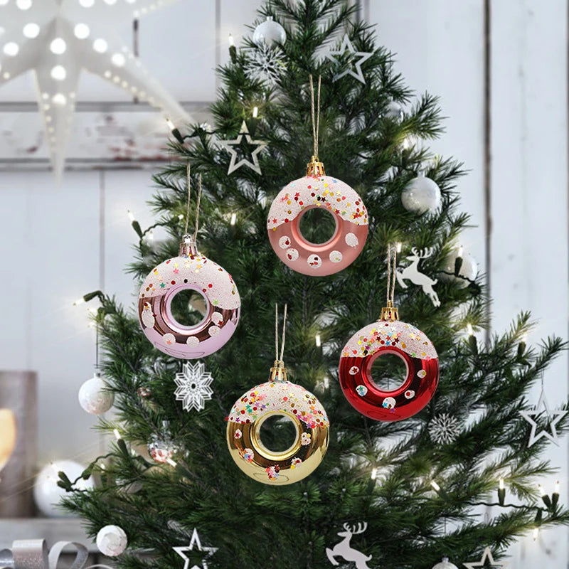 4Pcs Christmas Ball Christmas Tree Decoration Plastic Donuts Pendant Ornaments For Baby Shower Birthday Wedding Party