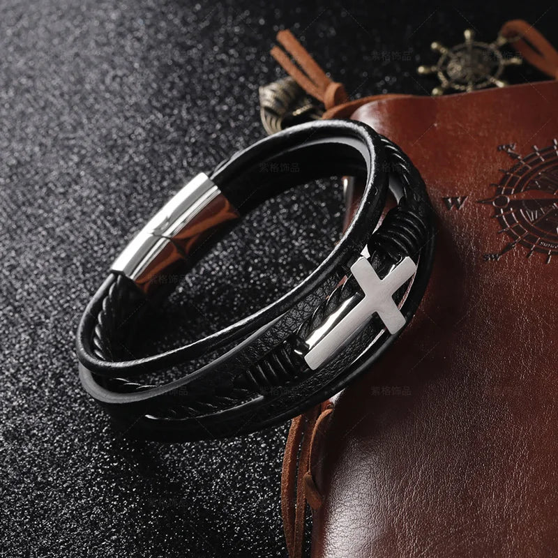 NIUYITID Cross Bracelet For Men Genuine Leather Multi-Layered Braided Charm Braclet Jewelry High Quality Magnet Clasp