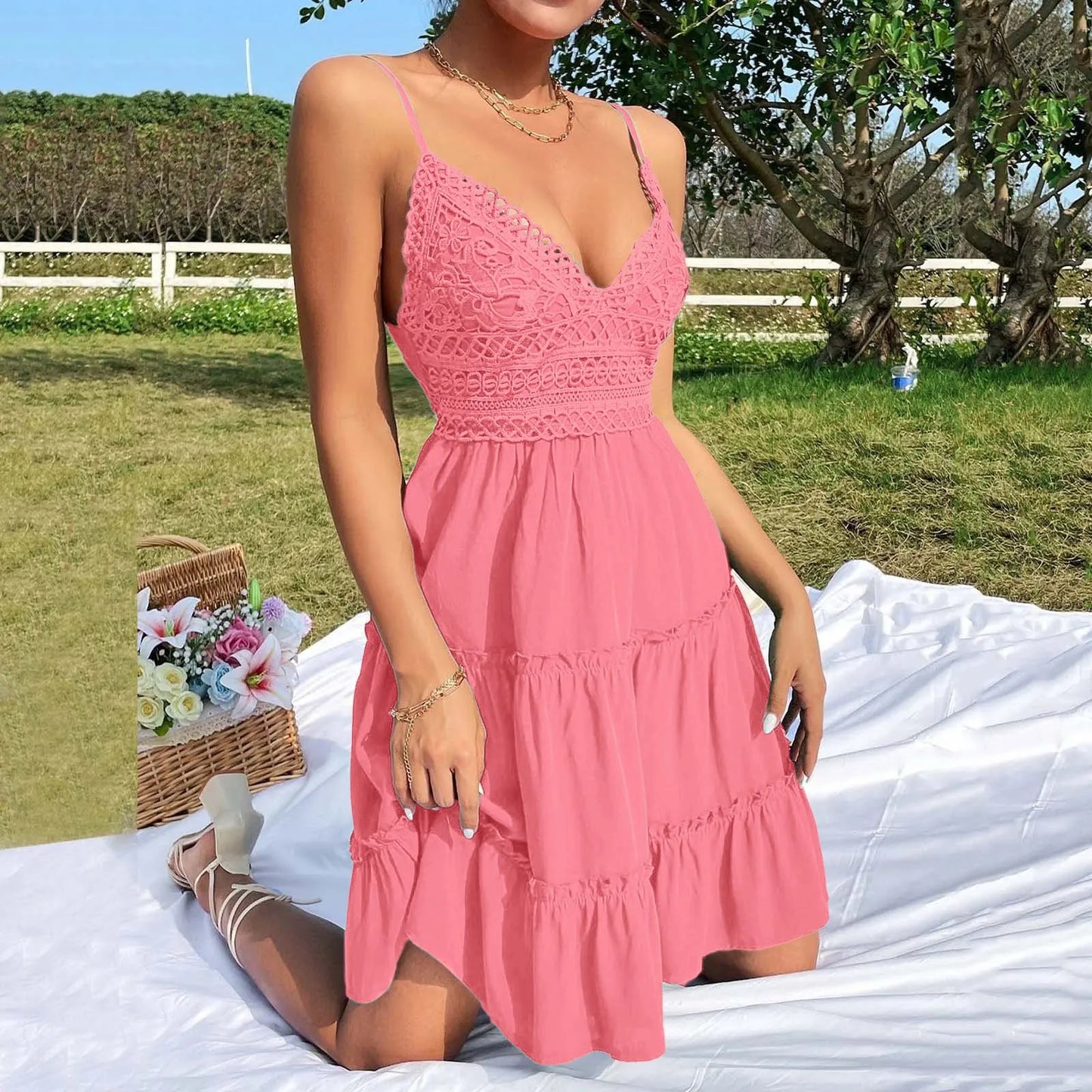 Off Shoulder Lace Stitching Sexy Mini Dress Women Summer V Neck Spaghetti Strap A-Line Dress Fashion Casual Beach Party Sundress