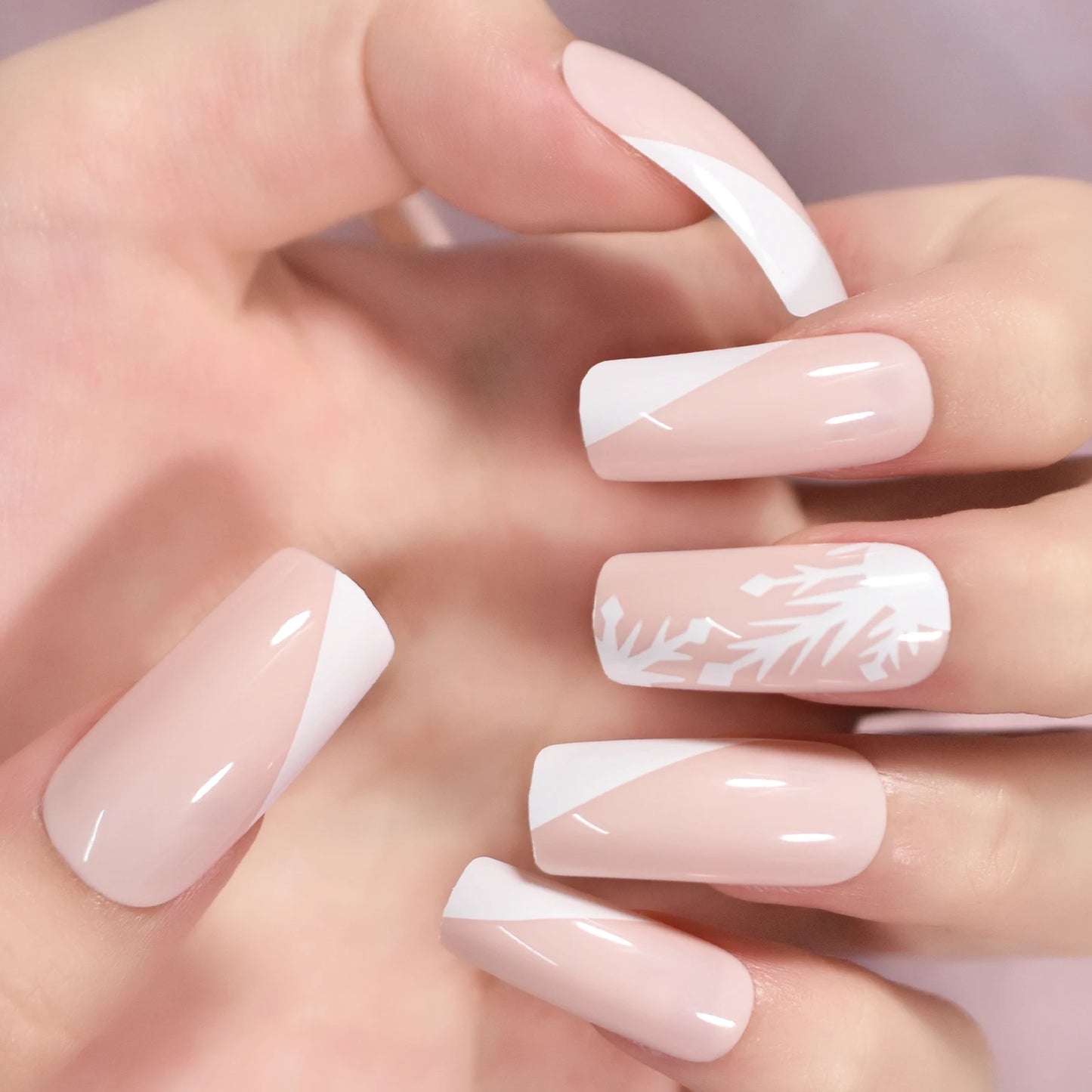 Pink White Snow Design Glossy Press on Nails Medium Long Square False Nails Salon Manicure Reusable Fake Nail Art Tips DIY