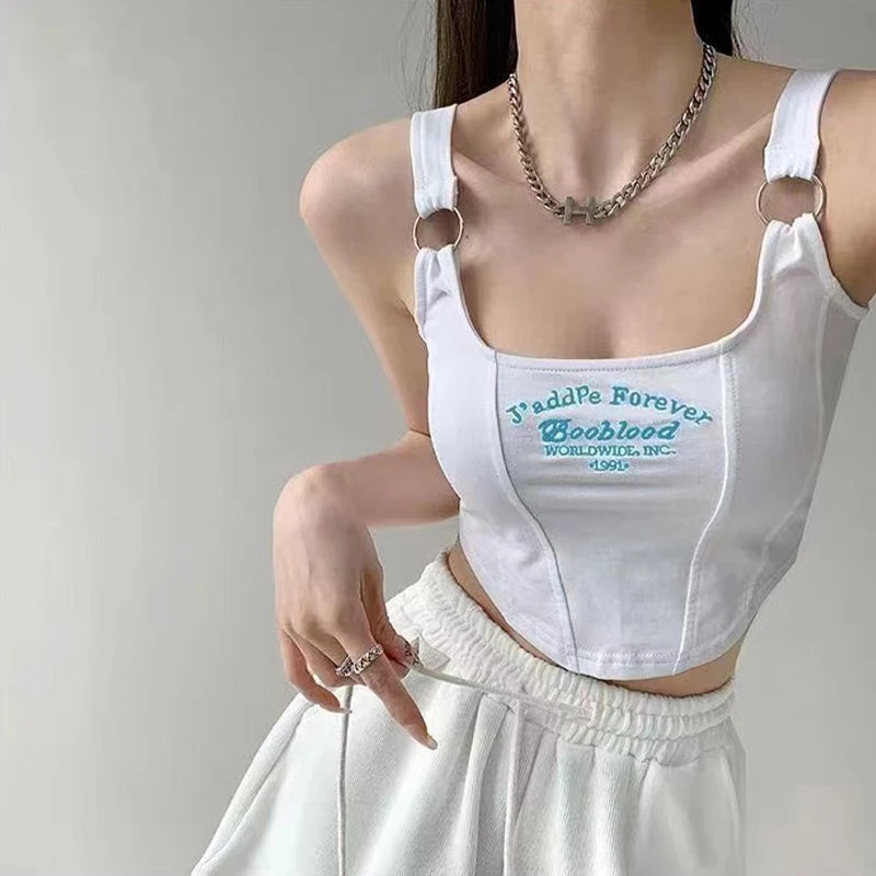 Sleeveless Top Women Summer Letter Printing Versatile Crop Tops Sexy Camisole Square Collar Tank Top Y2k Female Crop Tops Padded