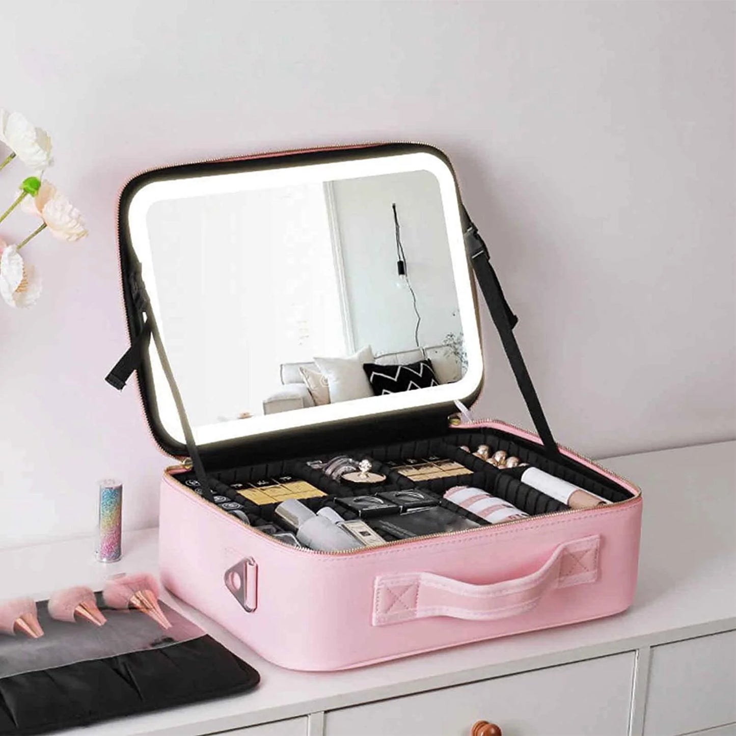 LED Lighted Cosmetic Bag with Mirror Women's Makeup Bag Waterproof PU Leather Large Capacity Portable Travel Makeup Storage Bags