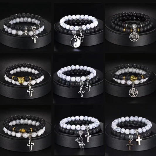 MeMolissa 2pc/Set White Turquoise Leopard Head Cross Black Beaded Bracelets for Men Women Elastic Friends Jewelry Gifts