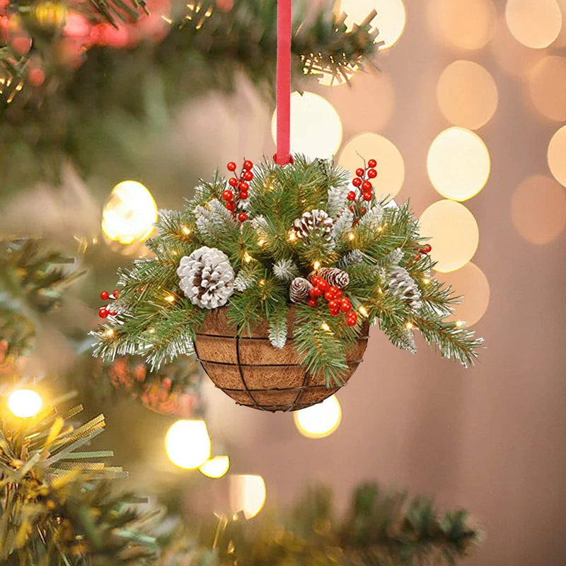 Wooden Christmas Flower Basket Hanging Ornaments Xmas Tree Pine Cone Pendant 2023 Christmas Decorations for Home Xmas New Year