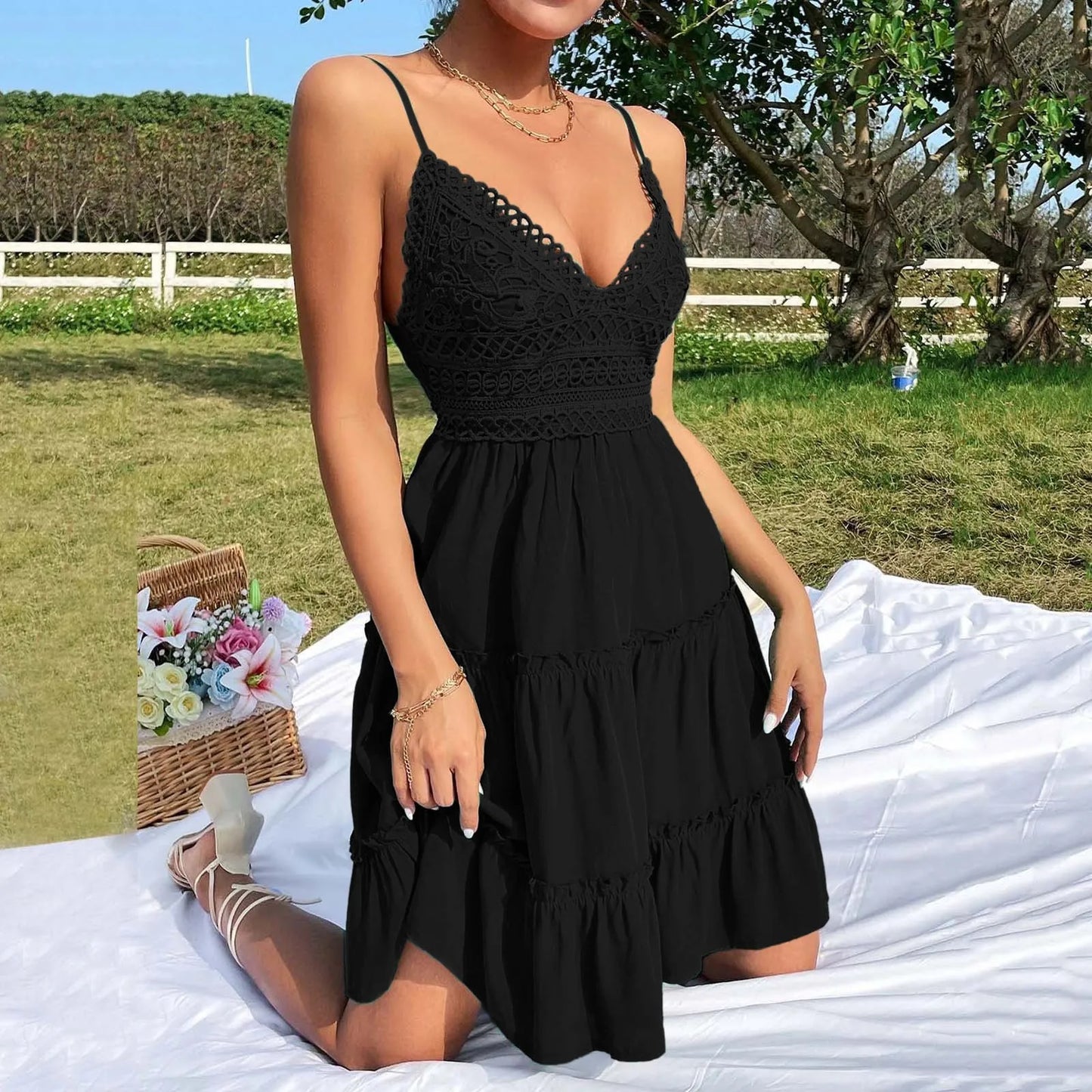 Off Shoulder Lace Stitching Sexy Mini Dress Women Summer V Neck Spaghetti Strap A-Line Dress Fashion Casual Beach Party Sundress