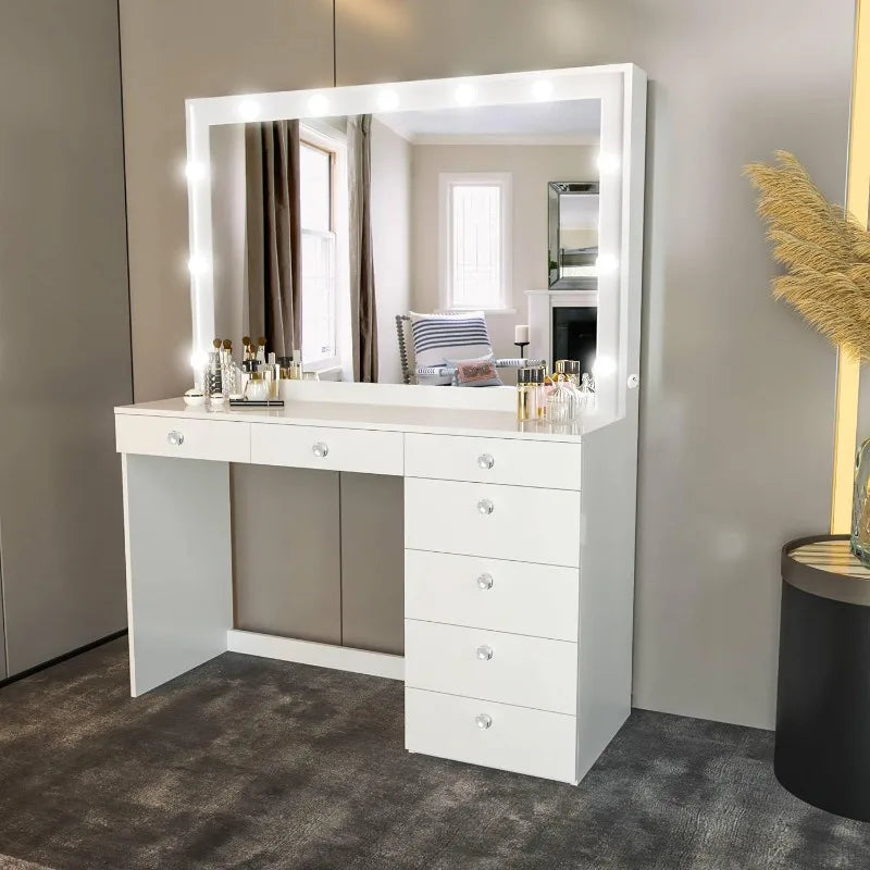 Diana Large Vanity Makeup Desk with Vanity Mirror, Built-in Lights, 7 Drawers, Crystal Ball Knobs, Power Outlet, Makeup Desk