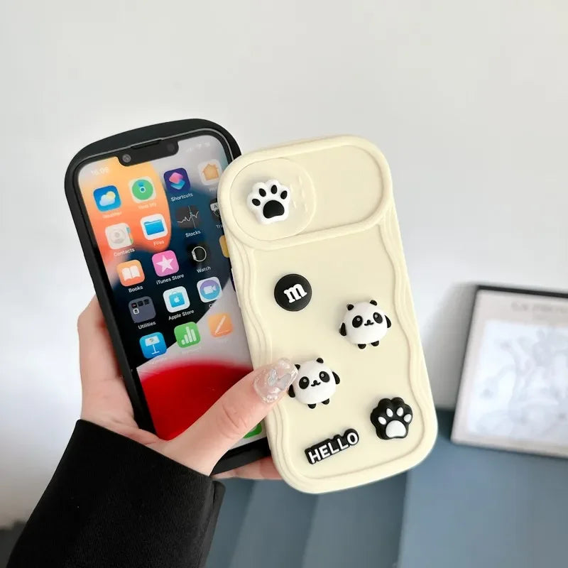 Cute Animal Panda Footprint Sliding Window Protection Cover Girl Phone Cover Case For Iphone 15 14 13 12 11 Pro Max Coque Fundas