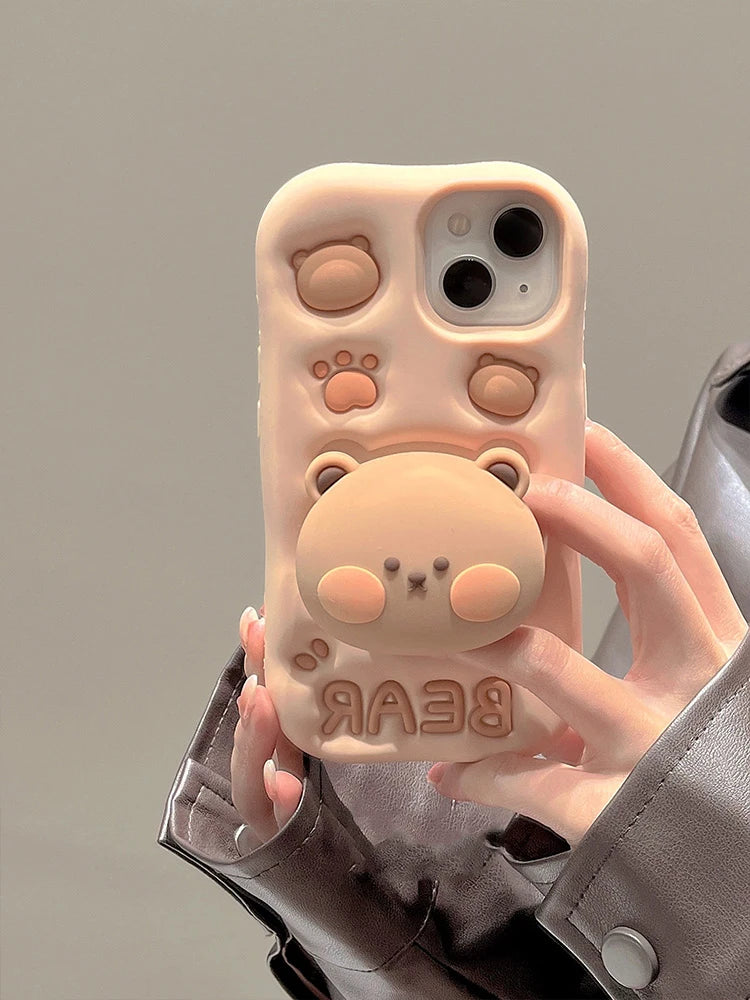 Lovely 3D Bear Hidden Holder Stand Silicone Phone Case For iPhone 11 12 13 14 15 Pro Max XS XR X 7 8 Plus Cute Girl Cover