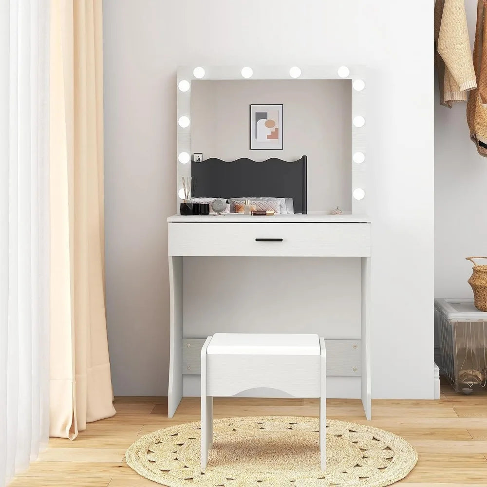 Vanity Desk with Mirror and Adjustable Lights, One Drawer Storage Makeup Table with Stool - Vanity Set for Bedroom (White)