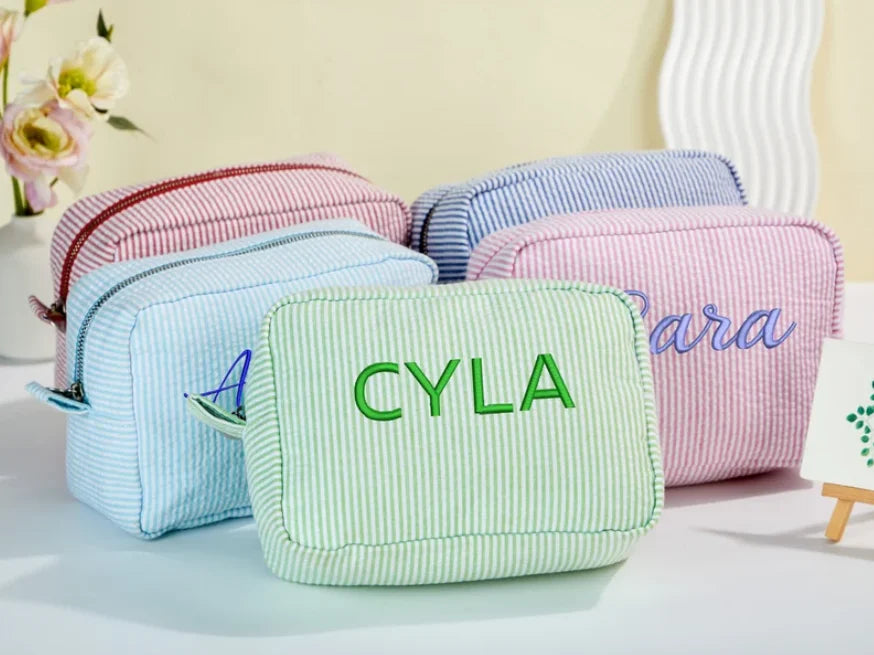 Monogrammed Embroidered Name Cosmetic Bag Personalized Makeup Case Bridesmaid Wedding Birthday Graduation Gift Travel Toiletry