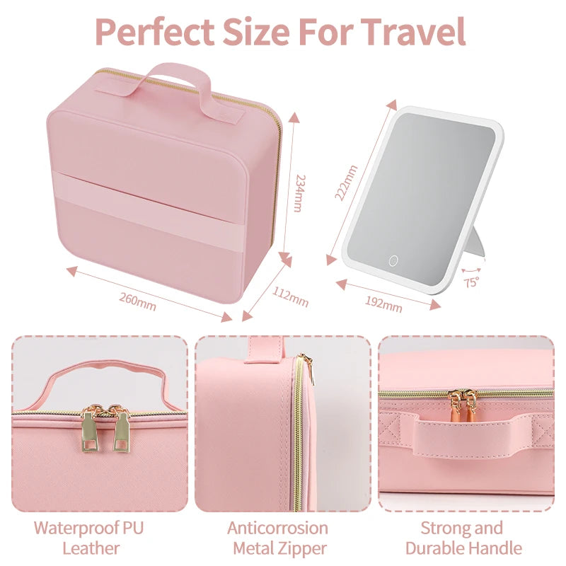 Pu Travel Eva Partitions Storage Cosmetic Case Light Up Box Vanity Organizer Portable Makeup Bag Mirror With Led Light