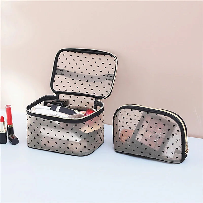 Love Makeup Bags Mesh Cosmetic Bag Portable Travel Zipper Pouches for Home Office Accessories Cosmet Bag New Trousse Maquillage