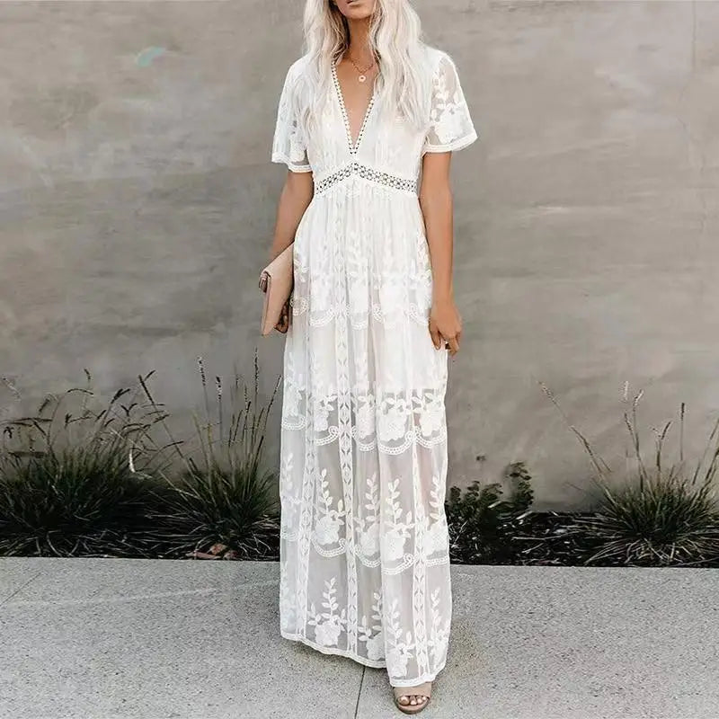 Women's Dress White Hollow Out Cotton Sundress Lace Sleeveless Long Splicing Summer Party Elegant Evening Woman Skirt Clothing