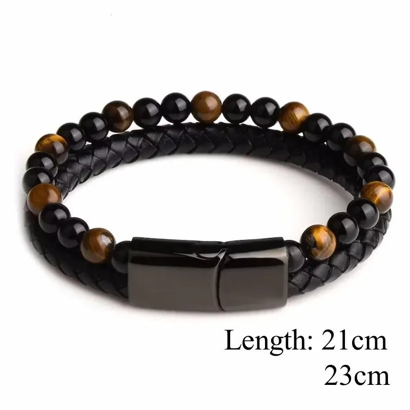 Vintage Men Lava Stone Bracelet Rope Double Leather Beaded Braclet Volcanic Stone Bangles Chain Gift DIY Fashion Jewelry