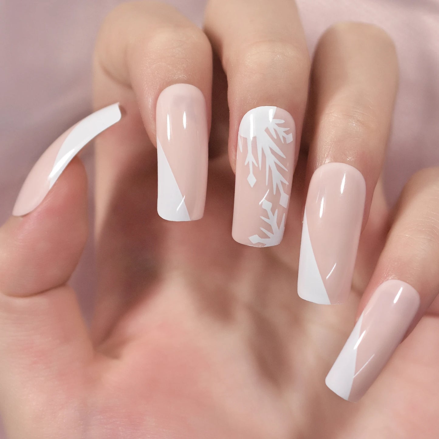 Pink White Snow Design Glossy Press on Nails Medium Long Square False Nails Salon Manicure Reusable Fake Nail Art Tips DIY