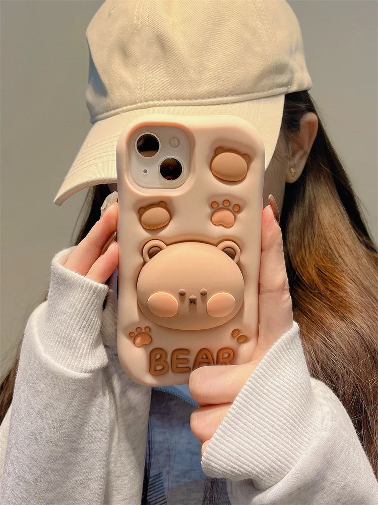 Lovely 3D Bear Hidden Holder Stand Silicone Phone Case For iPhone 11 12 13 14 15 Pro Max XS XR X 7 8 Plus Cute Girl Cover