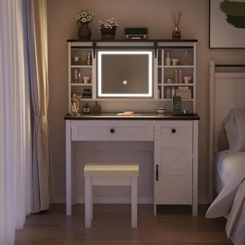 Farmhouse Makeup Vanity with Power Outlet 42"W Glass Top Vanity Desk with Sliding Mirror and Lights White Table for Bedroom