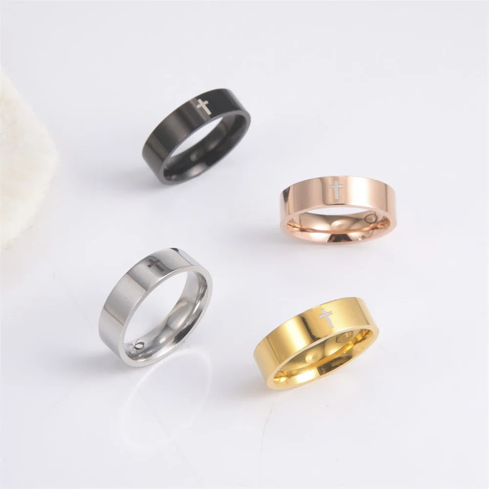 EUEAVAN Hip Hop Cross Couple Rings Women Men Stainless Steel 6mm/8mm Religious Christian Finger Ring Punk Party Jewelry Gifts