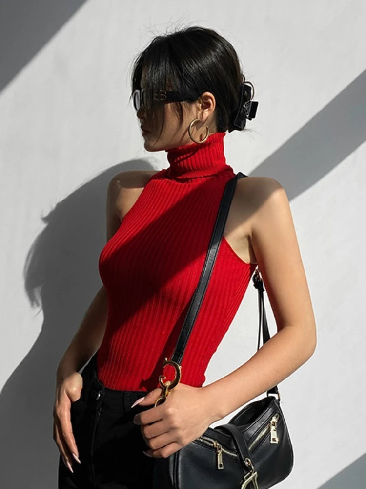 Sexy Knit Tank Top Turtleneck Crop Tops Women Summer Camis Backless Camisole Fashion Casual Tee Female Sleeveless Cropped Vest