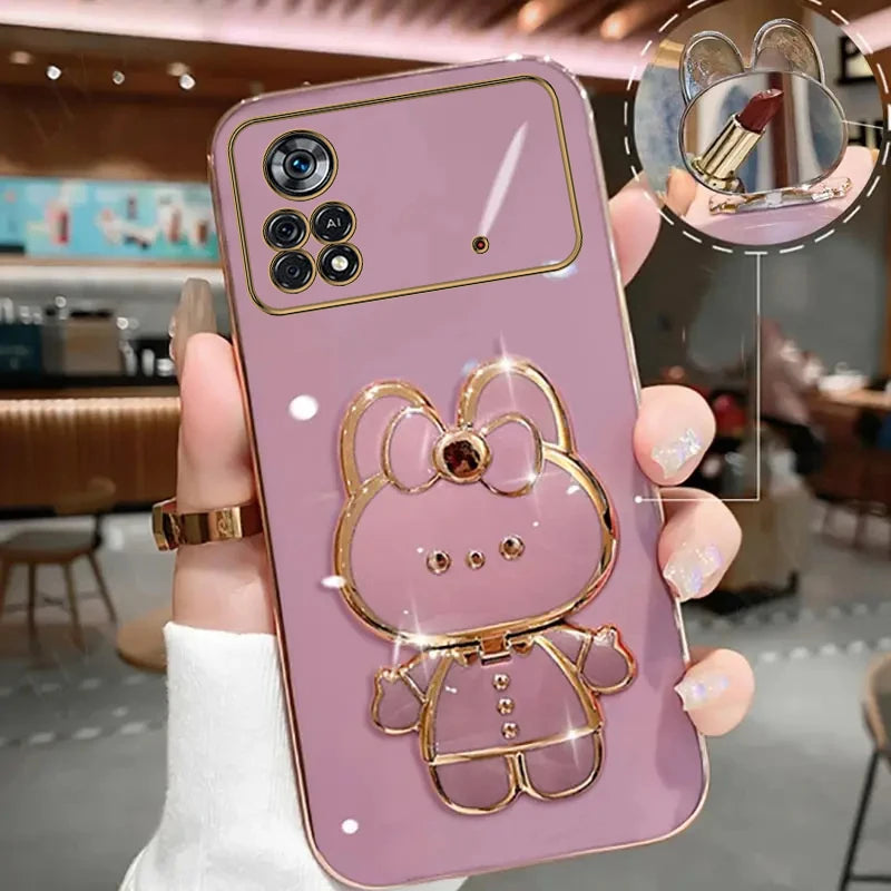 PocoX4Pro Makeup Mirror Cute Rabbit Phone Holder Case For Xiaomi Mi Poco X4 M4 Pro 4G 5G PocoM4Pro Girl Woman Used Back Cover