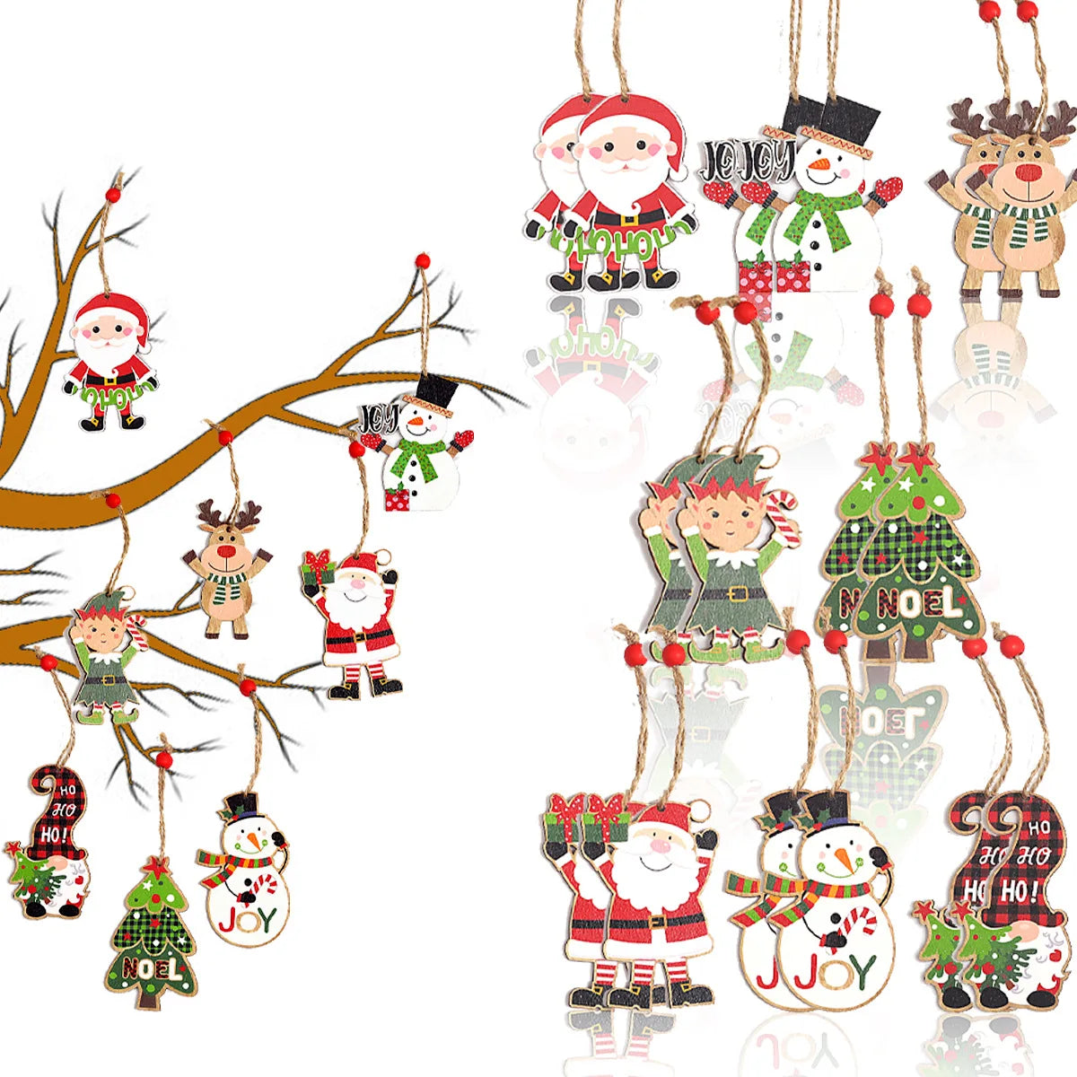 4Pcs/Set Mini Christmas Tree Painted Wooden Pendant Gnome Ornaments Christmas Decoration Kid Toys New Year 2024 Decor