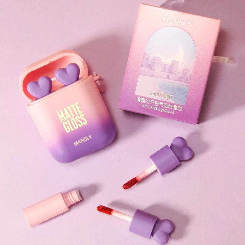 Makeup Airpod Lip Gloss Set Headphones Two-Tone Liquid Lipstick Waterproof Velvet Moisturizing Non-Stick Cup Matte Lipstick