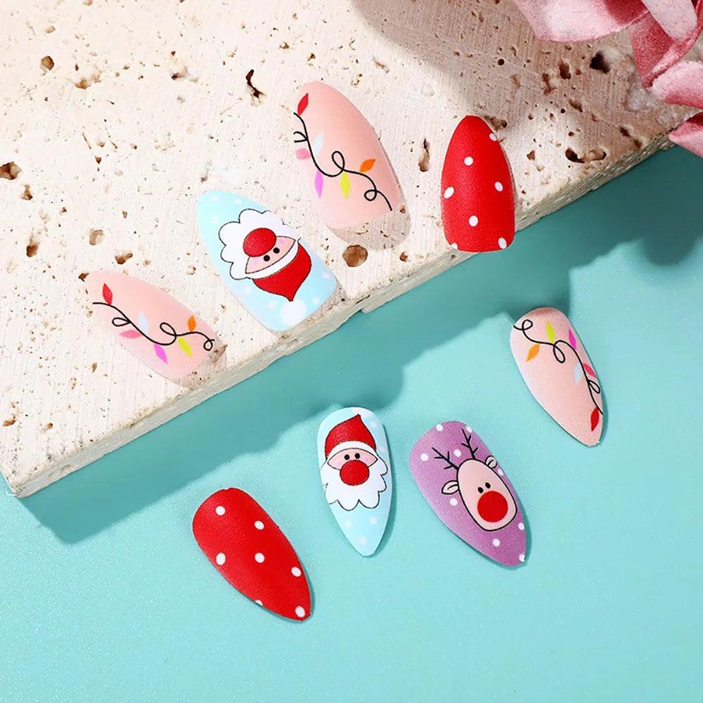 3D fake nails for Christmas French almond tips Cartoon Santa claus snow flake deers faux ongles press on acrylic false nail set