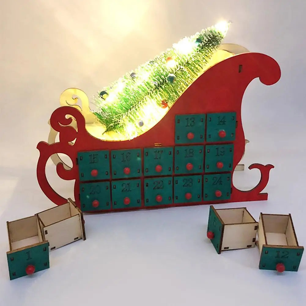 Christmas Wooden Advent Calendar Countdown with Lights 24 Drawers Sleigh Shape Christmas Tree DIY Festive Party Decorations