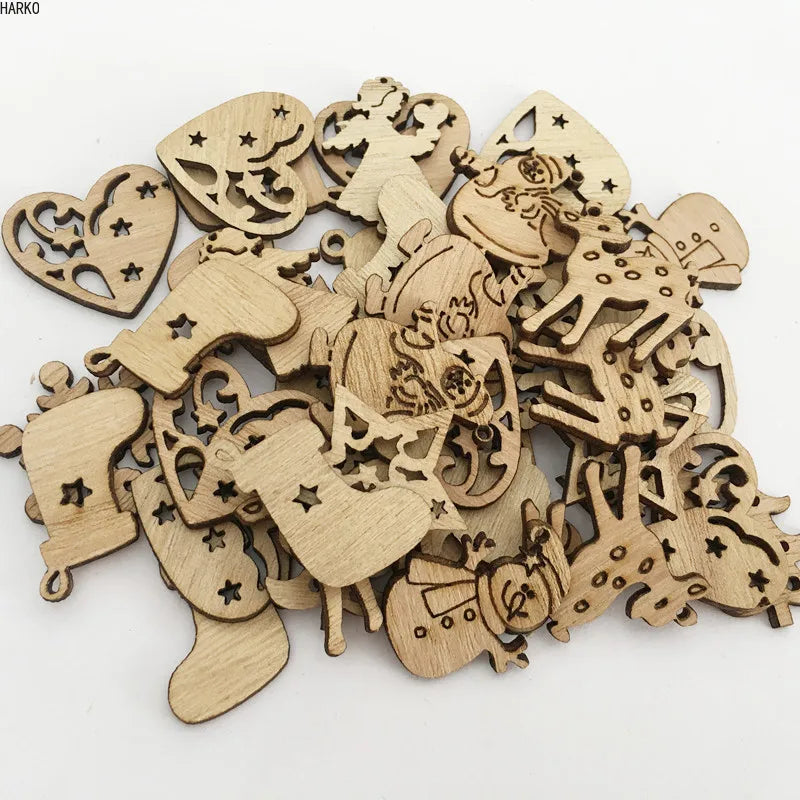 50pcs Wooden Xmas Tree Hanging Ornaments Merry Christmas Party Decorations For Home New Year 2023 Navidad Snowflake Gift Decor