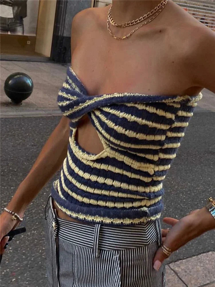 Tossy 2024 Off Shoulder Knit Tube Top Sexy Strapless Backless Bustier Tops For Women Stripe Cropped Top Hot Summer Streetwear