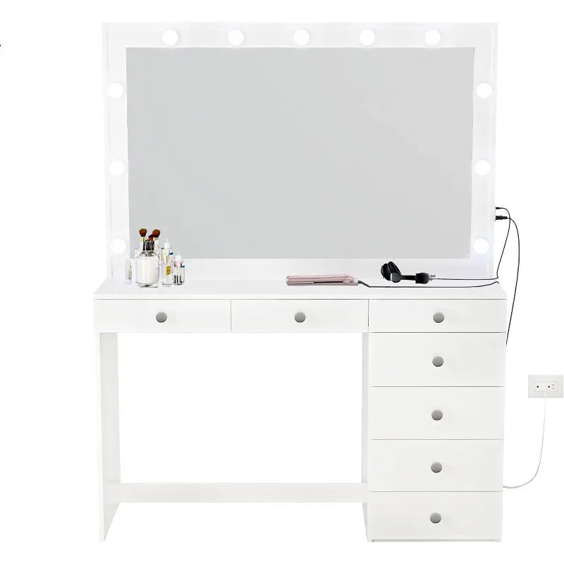 Diana Large Vanity Makeup Desk with Vanity Mirror, Built-in Lights, 7 Drawers, Crystal Ball Knobs, Power Outlet, Makeup Desk