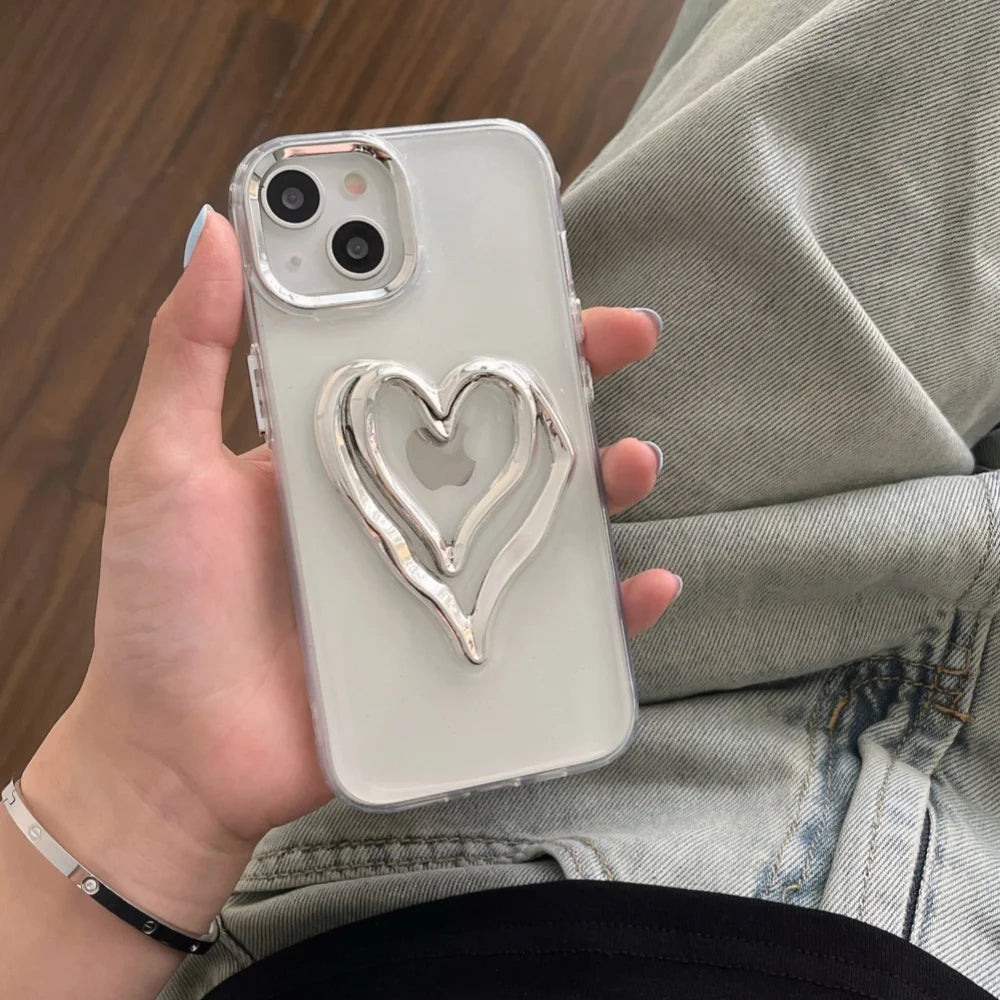 Cute Silver Love Heart Clear Phone Case For iPhone 15 14 12 13 Pro Max 15pro Transparent Protection Cover For Girl Women Cases