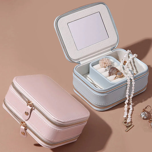 Double Zipper Jewelry Portable Storage Box Ring Earrings Necklace Jewelry Box Pu Leather Lipstick Makeup Box