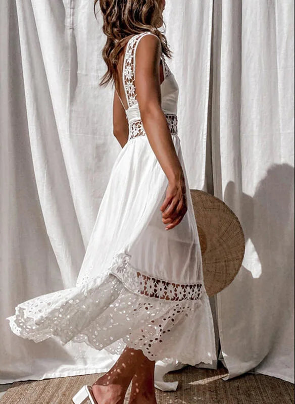 Women's Dress White Hollow Out Cotton Sundress Lace Sleeveless Long Splicing Summer Party Elegant Evening Woman Skirt Clothing