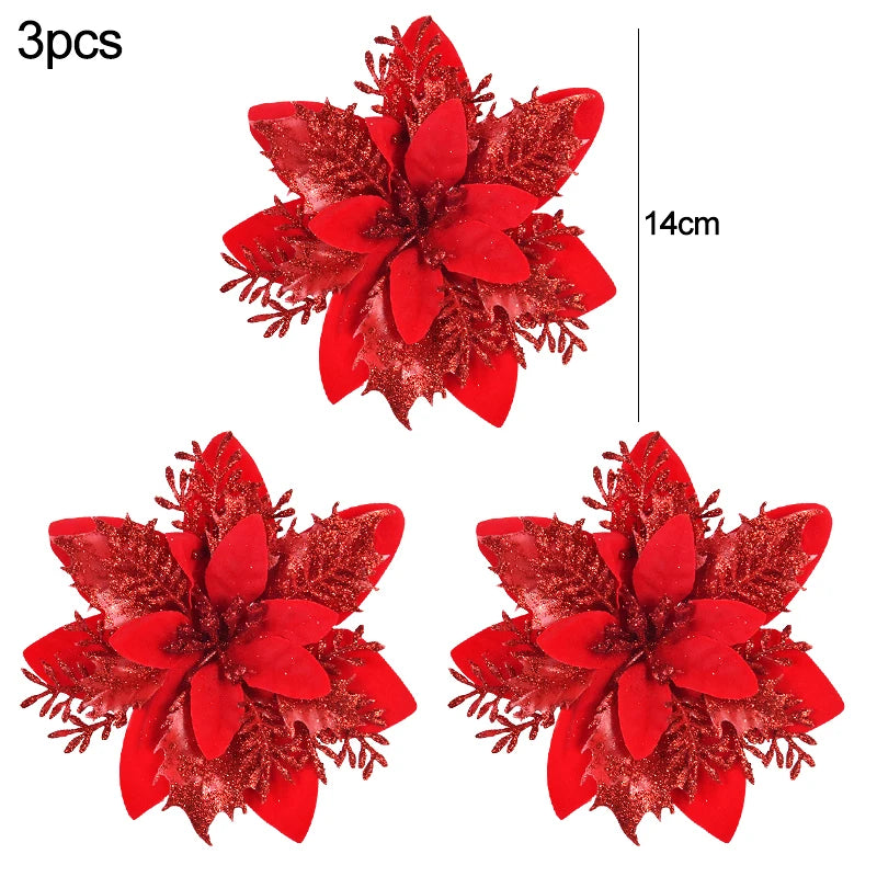 3pcs 14cm Christmas Flowers Glitter Red Gold Flower Head Xmas Tree Ornament Christmas Decorations for Home Navidad New Year Gift