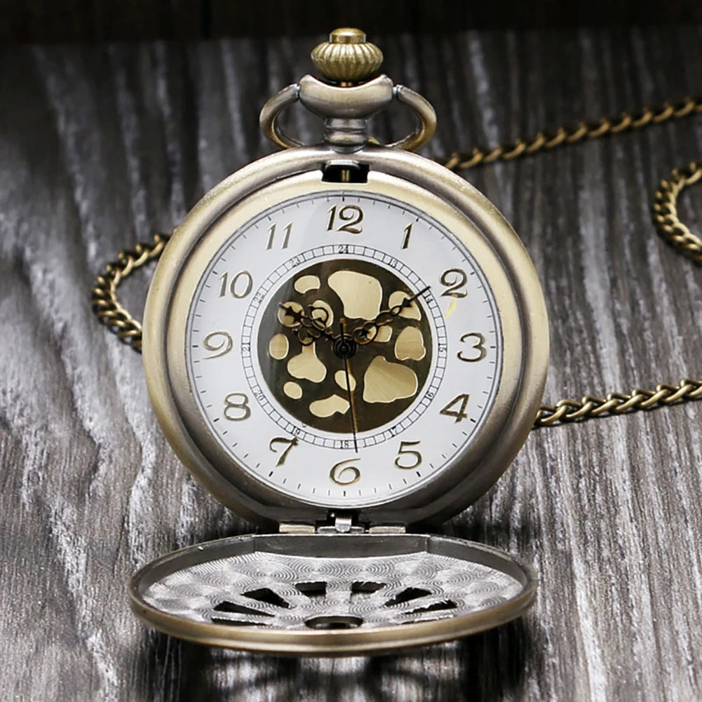 Bronze Hollow Hub Half Hunter Quartz Necklace Watch for Men Women Roman/Arabic Numerals Dial Pendant Sweater Chain Pocket Clock