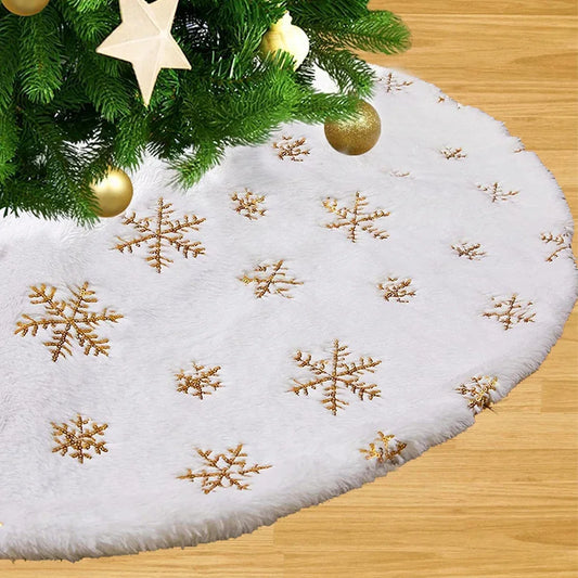 38CM Plush Christmas Tree Skirt White Snowflakes Faux Fur Xmas Trees Skirts Base Cover New Year Navidad Party Decoration Carpet