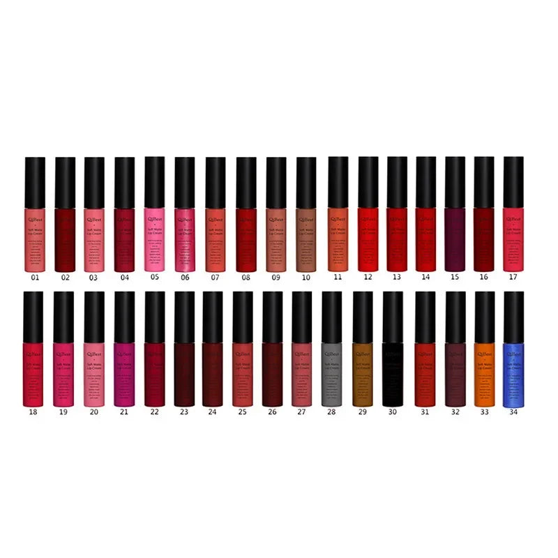 Qibest Brand Lips Beauty Makup Pigment Waterproof Lipgloss Long Lasting Black Velvet Matte Nude Lipstick Red Lip Gloss Lot