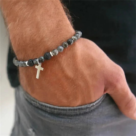 New Beaded Bracelet for Men Minimalist Cross Pendant Braslet Natural Stone Beads Braclet Meditation Brazalete