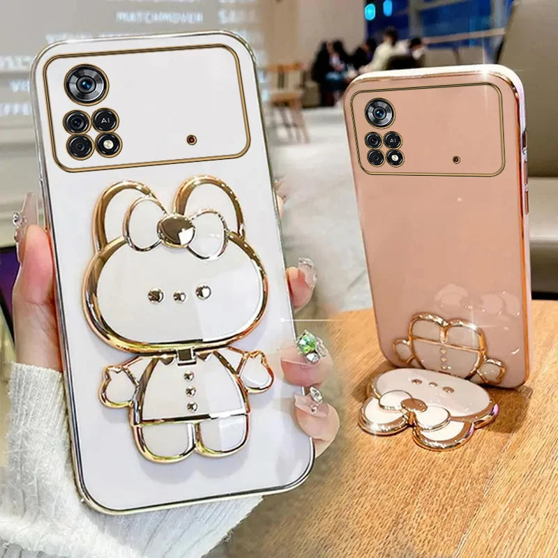 PocoX4Pro Makeup Mirror Cute Rabbit Phone Holder Case For Xiaomi Mi Poco X4 M4 Pro 4G 5G PocoM4Pro Girl Woman Used Back Cover