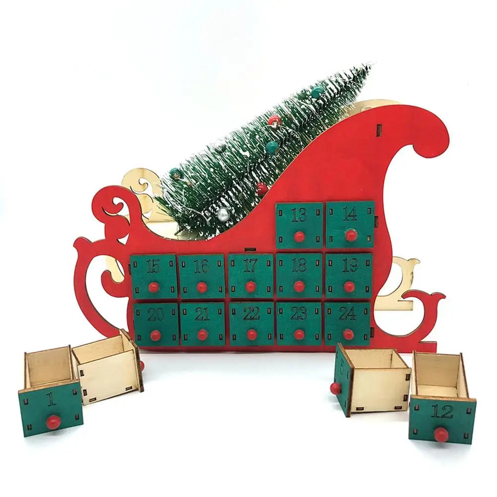 Christmas Wooden Advent Calendar Countdown with Lights 24 Drawers Sleigh Shape Christmas Tree DIY Festive Party Decorations