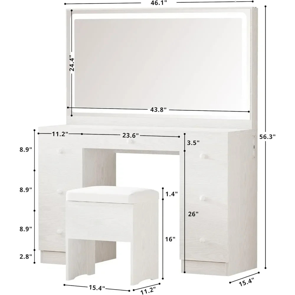 Vanity Desk with LED Lighted Mirror & Power Outlet, 7 Drawers Makeup Vanities Dressing Table with Stool，for Bedroom