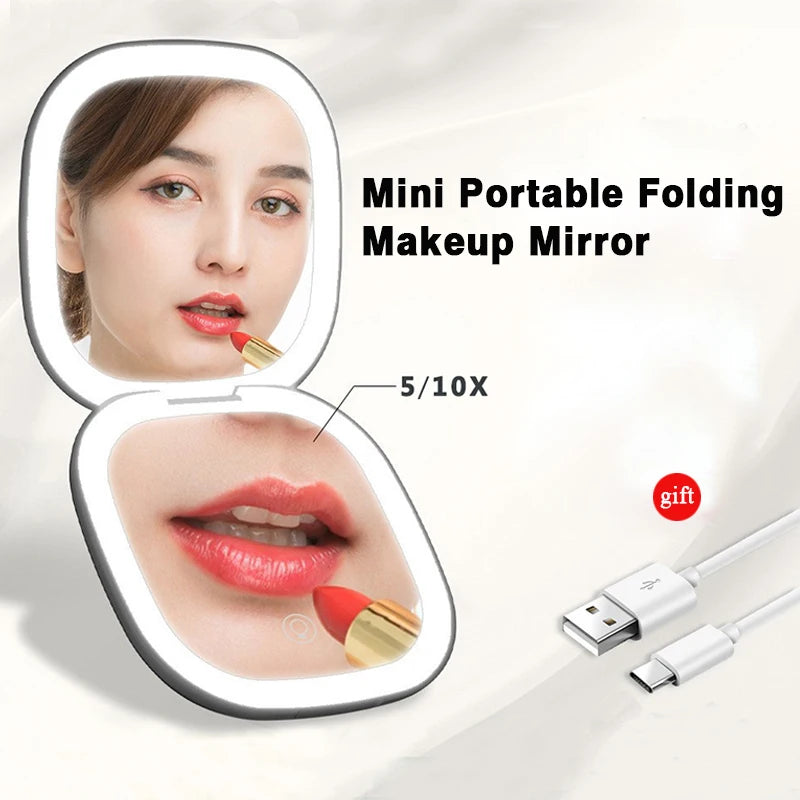 Mini Portable 5X 10X Folding Makeup Mirror Led Lights Magnifying Compact Pocket Travel Aesthetic Vanity Mirrors Make Up Tools