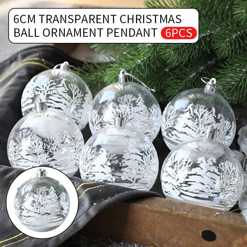 6pcs Transparent Plastic Christmas Ball Ornaments Painting White Snow Ball Xmas Tree Hanging Decor New Year Party Supplies