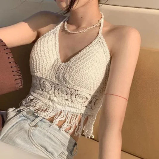 Women Summer Short Vest Sexy Hollow Out Plain White Halter Vest Strap Crop Tops Crochet Bikini Tank Tops Shirt Hot Tank Top