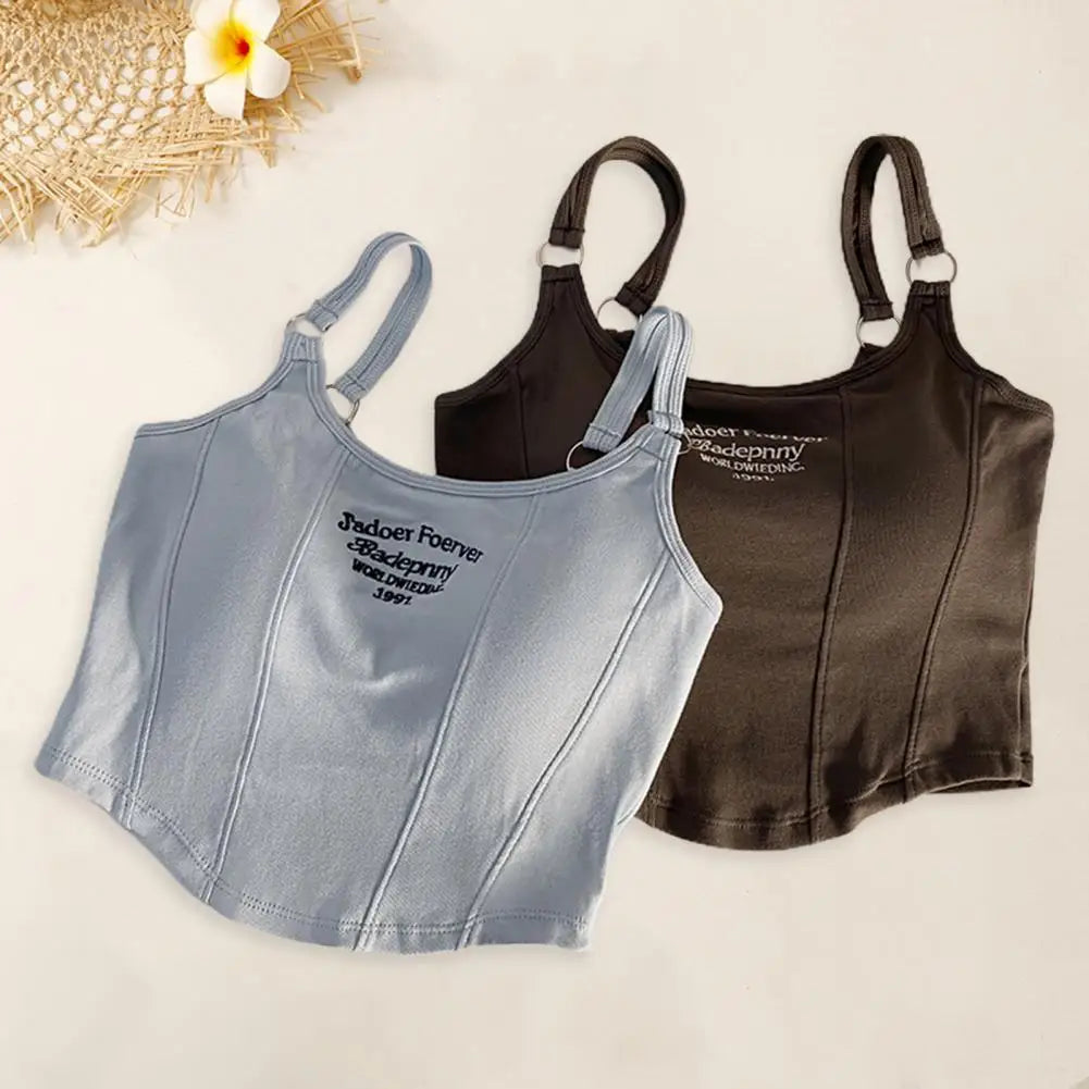 Women Summer Camisole Padded Letter Embroidery Backless Top Sleeveless Short Dating Club Paty Beach Crop Top Lady Vest Bra