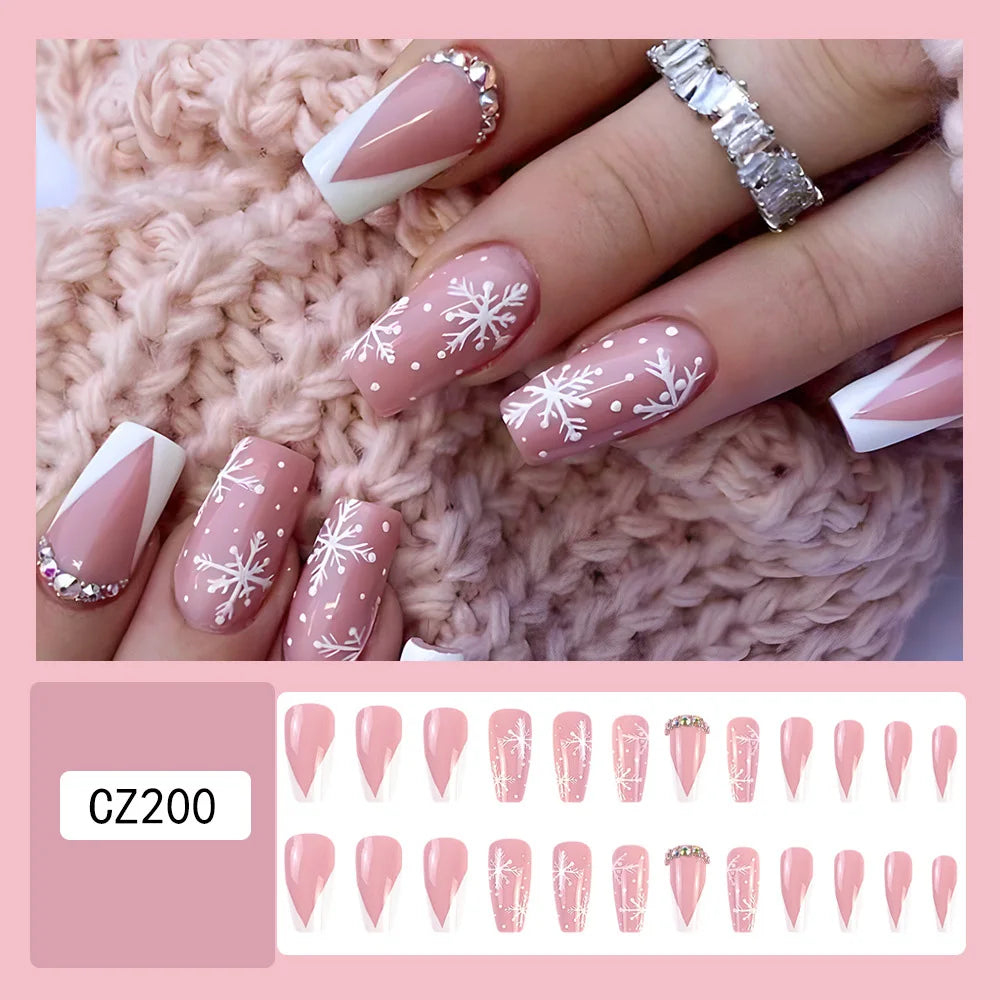 3D fake nail accessories white snow flakes for christmas with rhinestones french ballet tips faux ongles press on false nail set