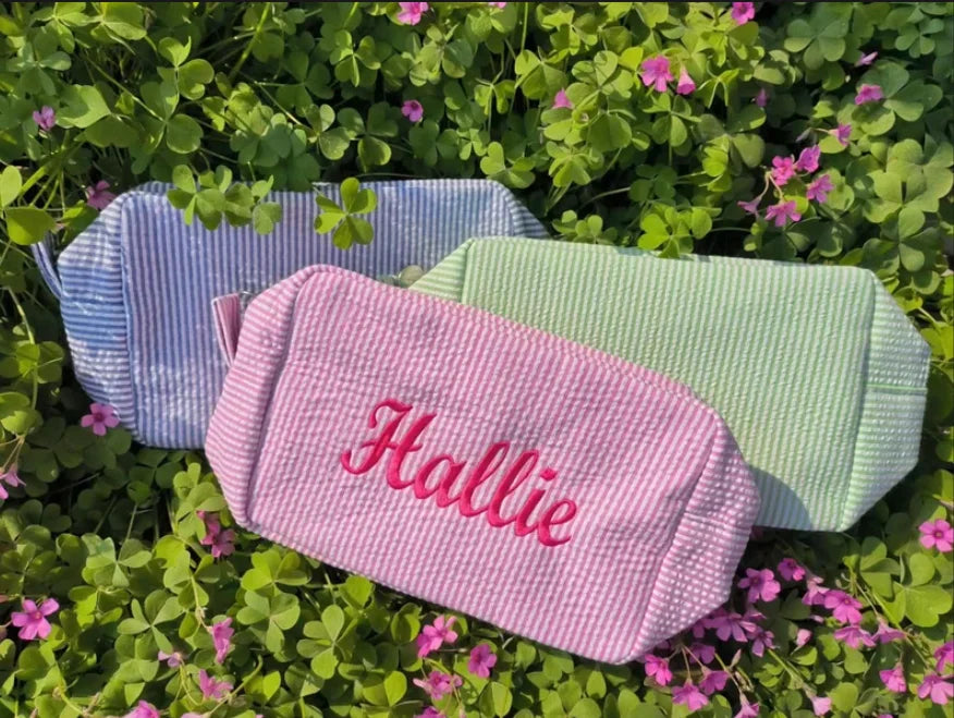 Monogrammed Embroidered Name Cosmetic Bag Personalized Makeup Case Bridesmaid Wedding Birthday Graduation Gift Travel Toiletry